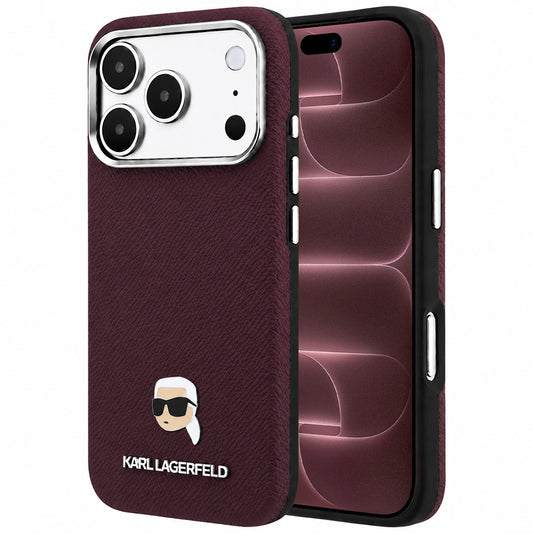 Capa MagSafe para Apple iPhone 18 Pro Max / 17 Pro Max, Karl Lagerfeld, Metal com Textura da Cabeça de Karl, Vinho