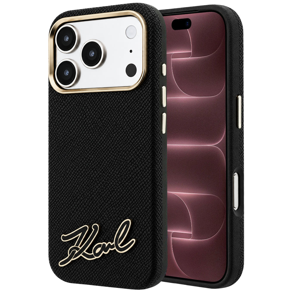 Capa MagSafe para Apple iPhone 18 Pro Max / 17 Pro Max, Karl Lagerfeld, Grained Resin Sign Logo, Preta