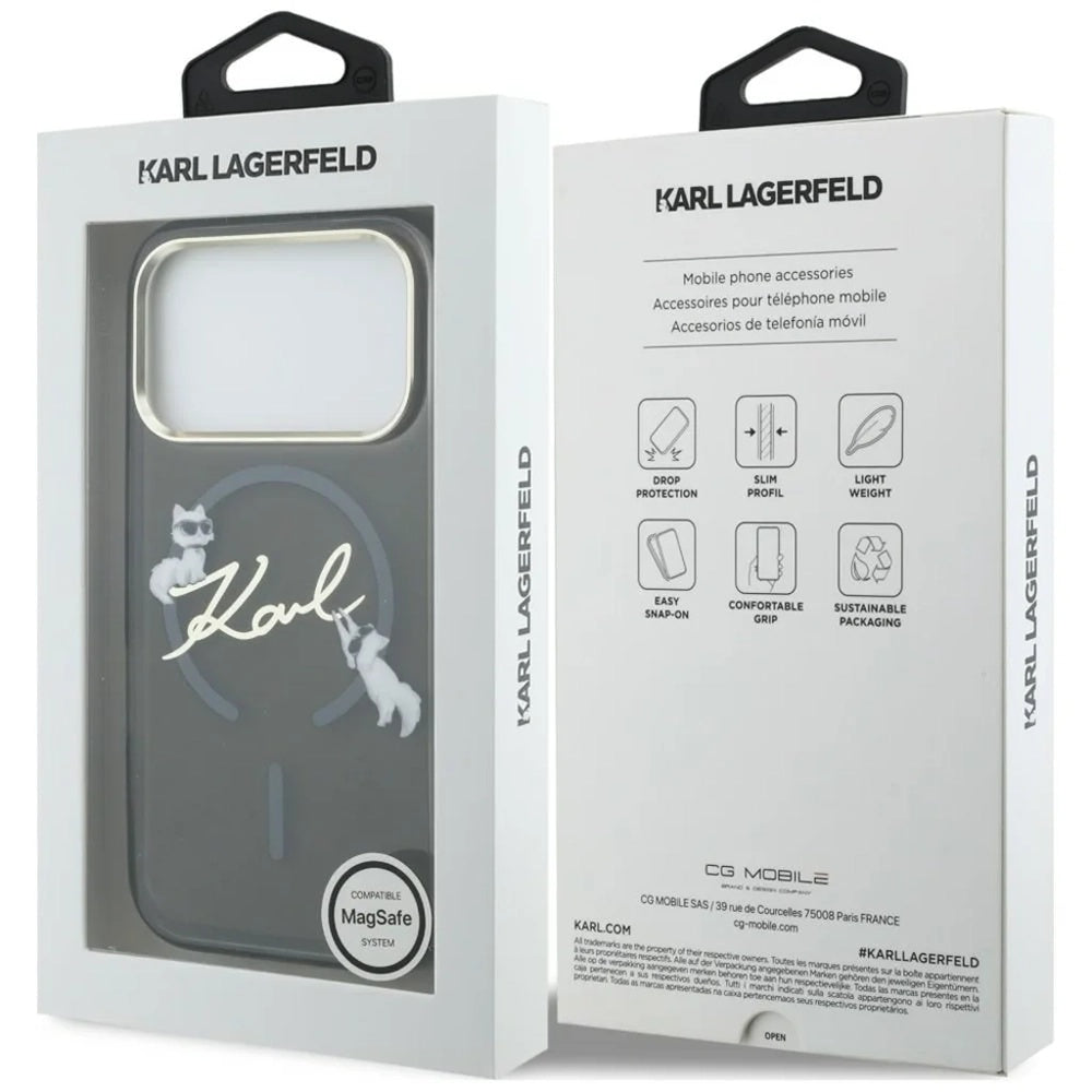 Capa MagSafe para Apple iPhone 18 Pro Max / 17 Pro Max, Karl Lagerfeld, IML Choupette Karl Script Logo, Preta