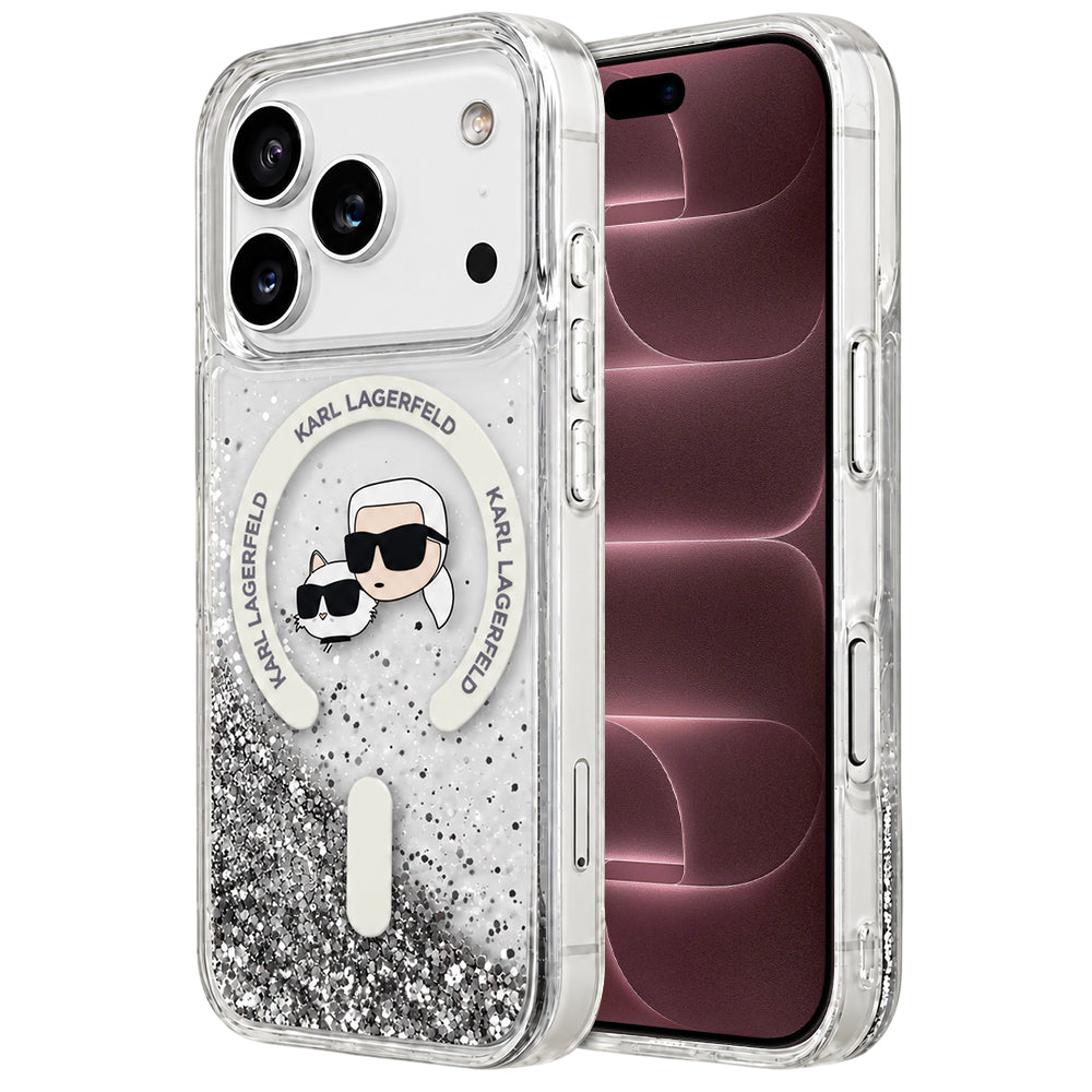 Capa MagSafe para Apple iPhone 18 Pro Max / 17 Pro Max, Karl Lagerfeld, Liquid Glitter Karl & Choupette Head's, Transparente