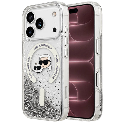 Capa MagSafe para Apple iPhone 18 Pro Max / 17 Pro Max, Karl Lagerfeld, Liquid Glitter Karl & Choupette Head's, Transparente