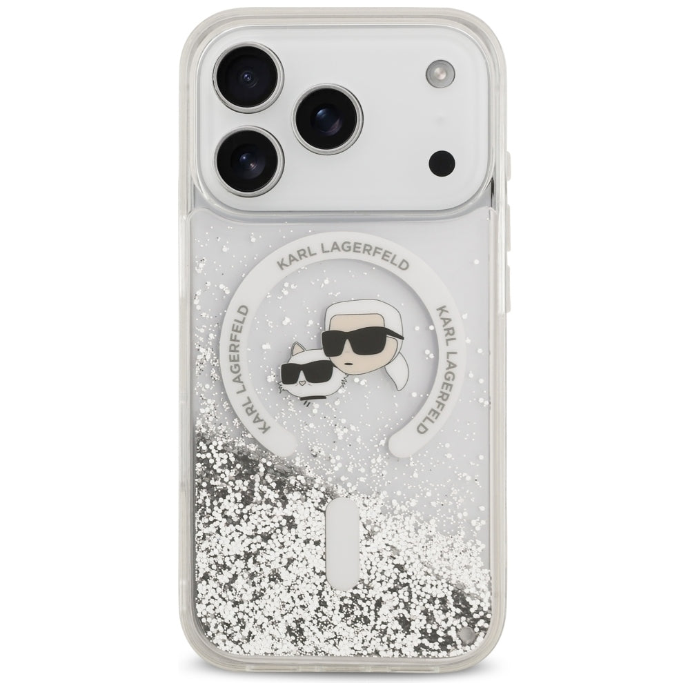 Capa MagSafe para Apple iPhone 18 Pro Max / 17 Pro Max, Karl Lagerfeld, Liquid Glitter Karl & Choupette Head's, Transparente