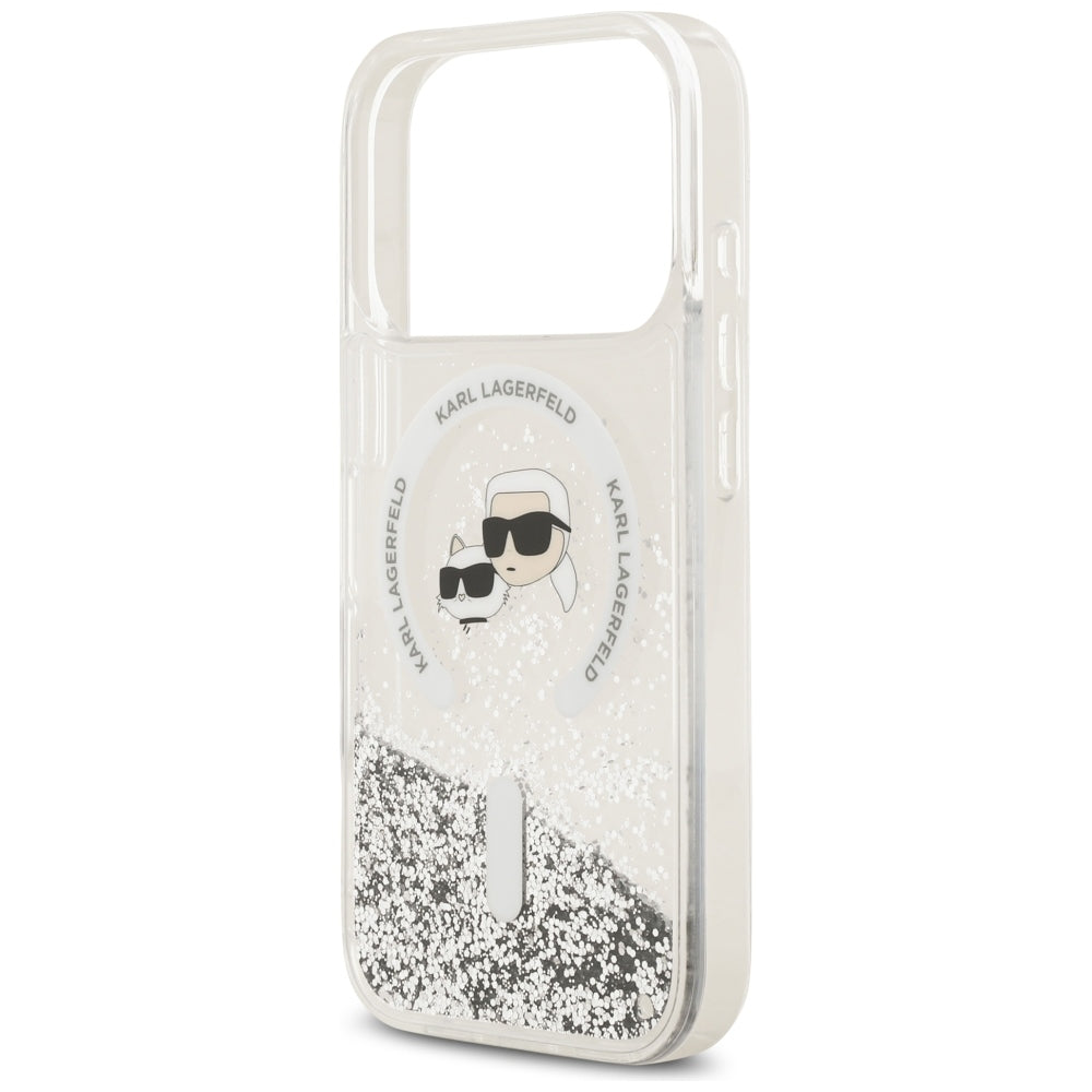 Capa MagSafe para Apple iPhone 18 Pro Max / 17 Pro Max, Karl Lagerfeld, Liquid Glitter Karl & Choupette Head's, Transparente
