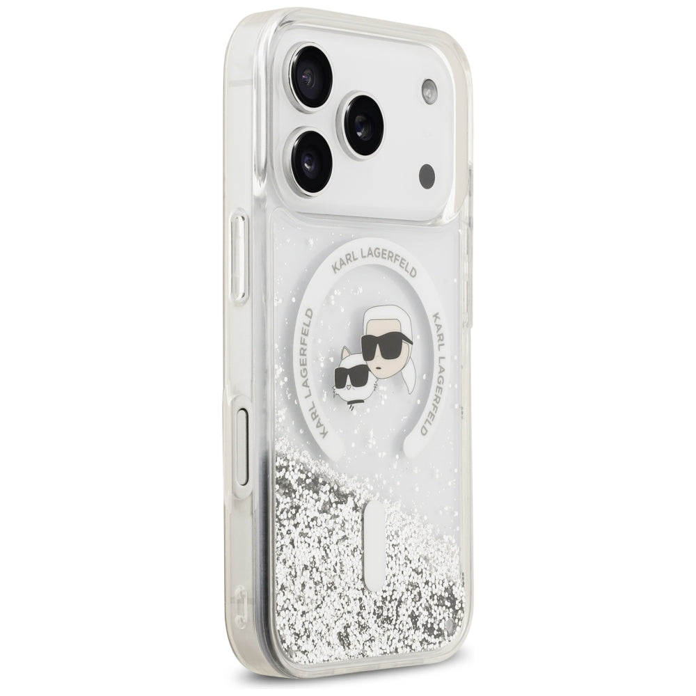 Capa MagSafe para Apple iPhone 18 Pro Max / 17 Pro Max, Karl Lagerfeld, Liquid Glitter Karl & Choupette Head's, Transparente