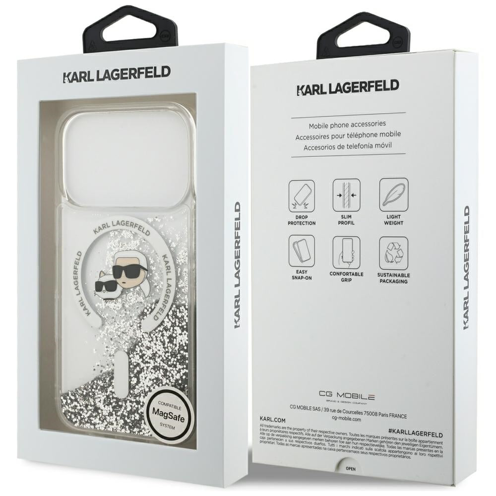 Capa MagSafe para Apple iPhone 18 Pro Max / 17 Pro Max, Karl Lagerfeld, Liquid Glitter Karl & Choupette Head's, Transparente