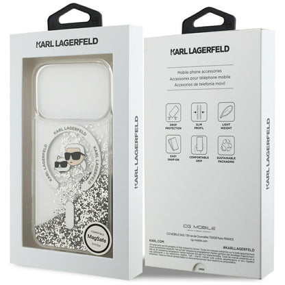 Capa MagSafe para Apple iPhone 18 Pro Max / 17 Pro Max, Karl Lagerfeld, Liquid Glitter Karl & Choupette Head's, Transparente