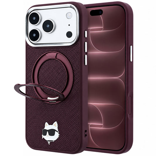 Capa MagSafe para Apple iPhone 18 Pro Max / 17 Pro Max, Karl Lagerfeld, Suporte Anel Saffiano 360 Choupette Pin, Vinho