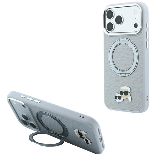 Capa MagSafe para Apple iPhone 18 Pro Max / 17 Pro Max, Karl Lagerfeld, Ring Stand 360 Karl & Choupette Pin, Cinzenta