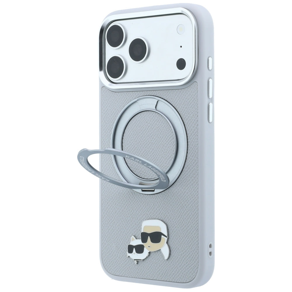 Capa MagSafe para Apple iPhone 18 Pro Max / 17 Pro Max, Karl Lagerfeld, Ring Stand 360 Karl & Choupette Pin, Cinzenta