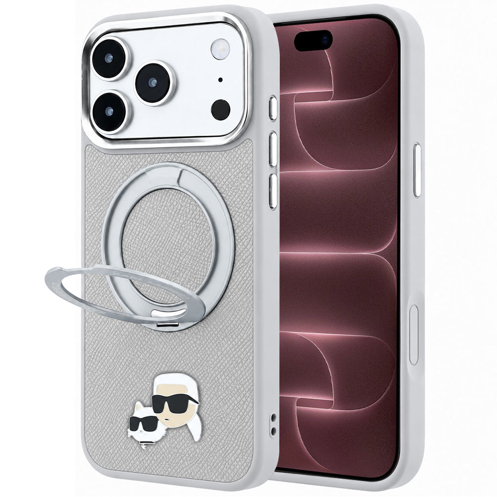 Capa MagSafe para Apple iPhone 18 Pro Max / 17 Pro Max, Karl Lagerfeld, Ring Stand 360 Karl & Choupette Pin, Cinzenta