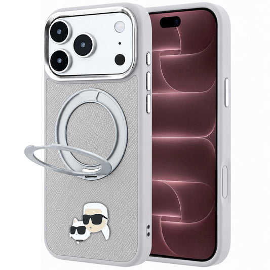 Capa MagSafe para Apple iPhone 18 Pro Max / 17 Pro Max, Karl Lagerfeld, Ring Stand 360 Karl & Choupette Pin, Cinzenta