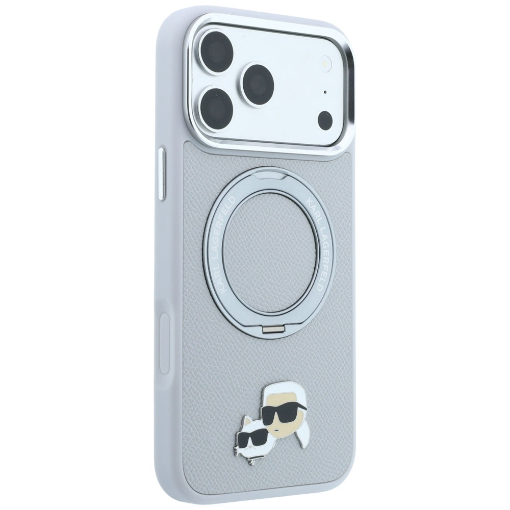 Capa MagSafe para Apple iPhone 18 Pro Max / 17 Pro Max, Karl Lagerfeld, Ring Stand 360 Karl & Choupette Pin, Cinzenta