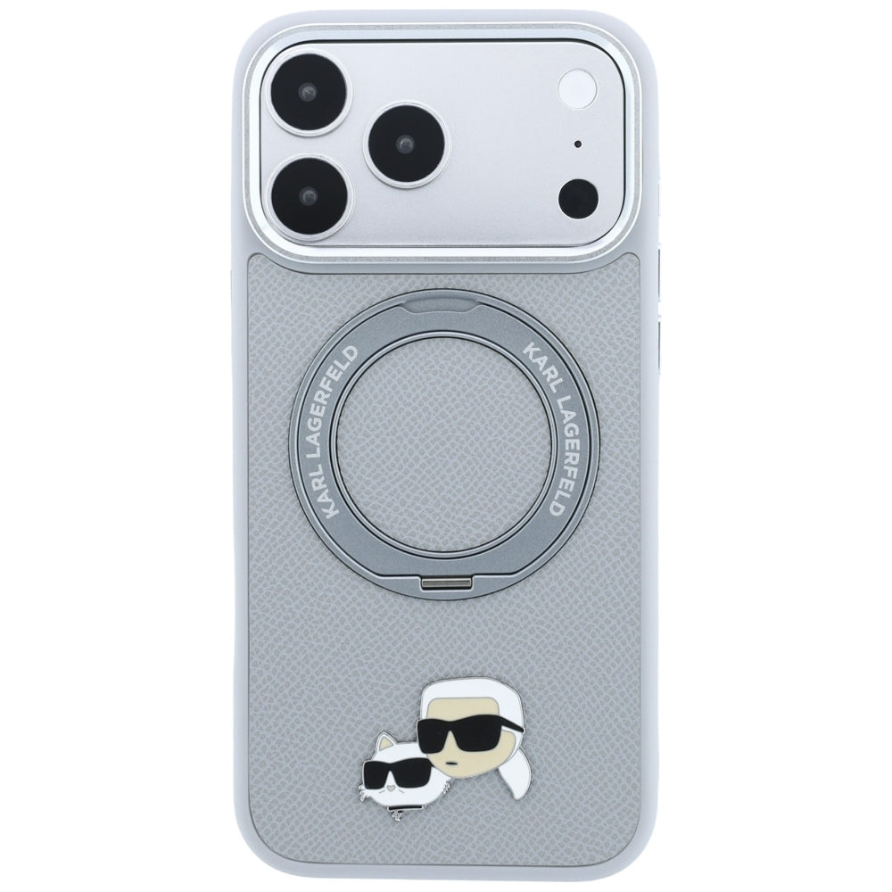 Capa MagSafe para Apple iPhone 18 Pro Max / 17 Pro Max, Karl Lagerfeld, Ring Stand 360 Karl & Choupette Pin, Cinzenta