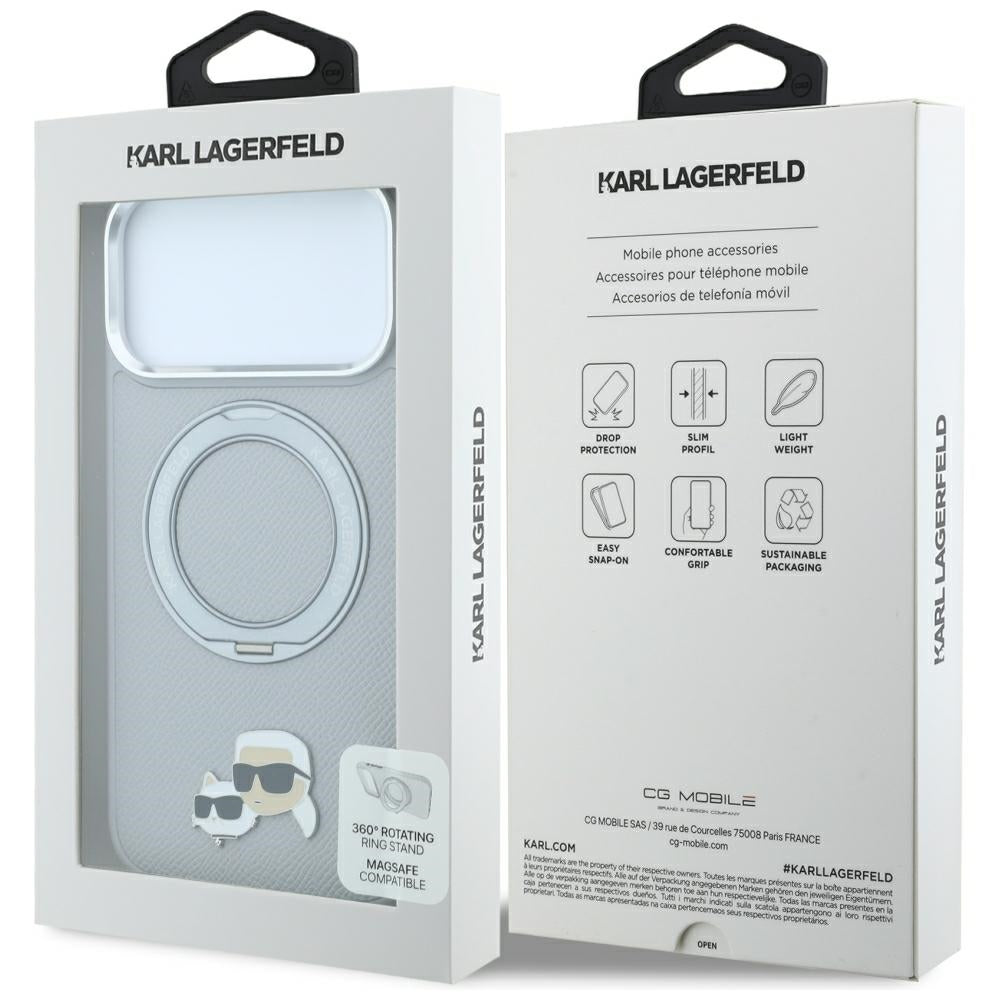 Capa MagSafe para Apple iPhone 18 Pro Max / 17 Pro Max, Karl Lagerfeld, Ring Stand 360 Karl & Choupette Pin, Cinzenta
