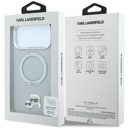 Capa MagSafe para Apple iPhone 18 Pro Max / 17 Pro Max, Karl Lagerfeld, Ring Stand 360 Karl & Choupette Pin, Cinzenta