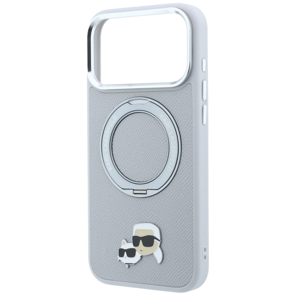 Capa MagSafe para Apple iPhone 18 Pro Max / 17 Pro Max, Karl Lagerfeld, Ring Stand 360 Karl & Choupette Pin, Cinzenta