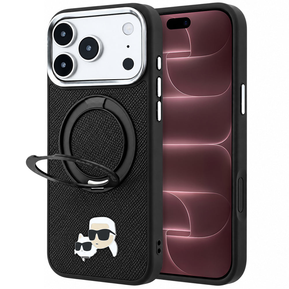 MagSafe Case for Apple iPhone 18 Pro Max / 17 Pro Max, Karl Lagerfeld, Ring Stand 360 Karl & Choupette Pin, Black