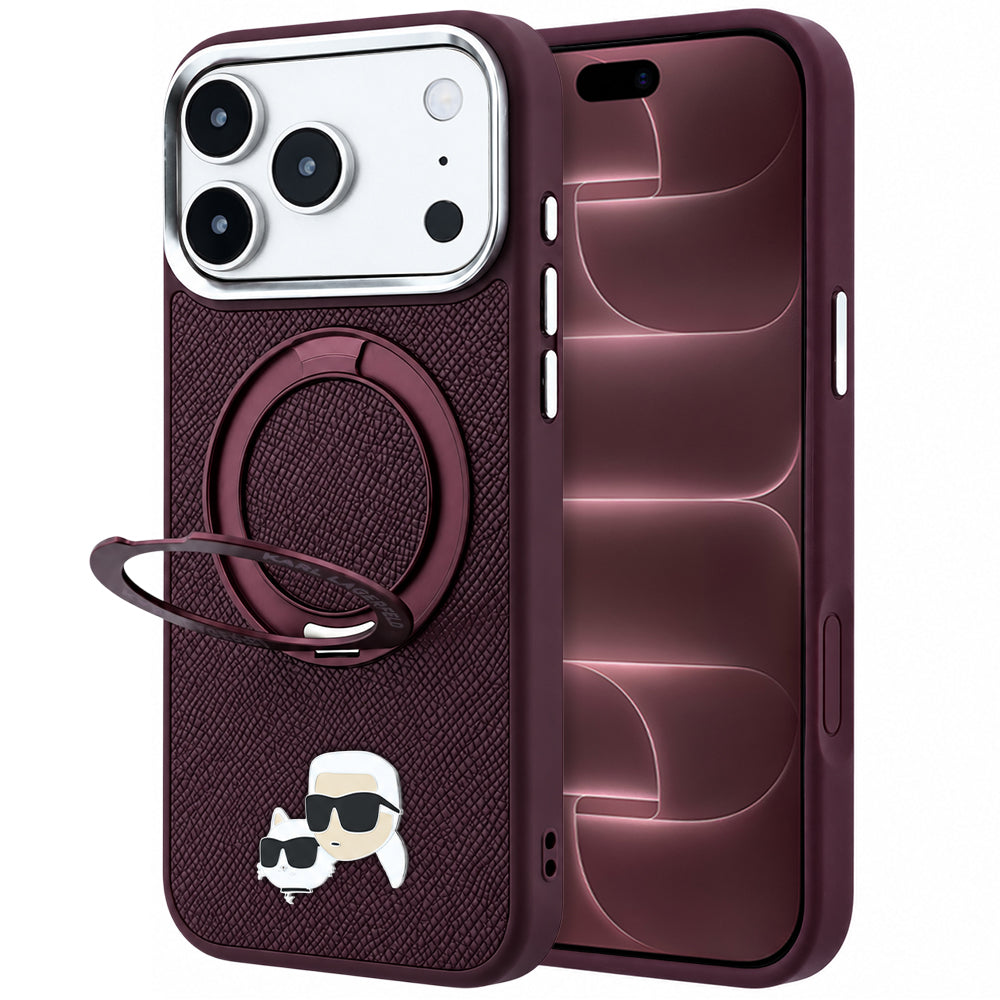 Capa MagSafe para Apple iPhone 18 Pro Max / 17 Pro Max, Karl Lagerfeld, Ring Stand 360 Karl & Choupette Pin, cor de vinho
