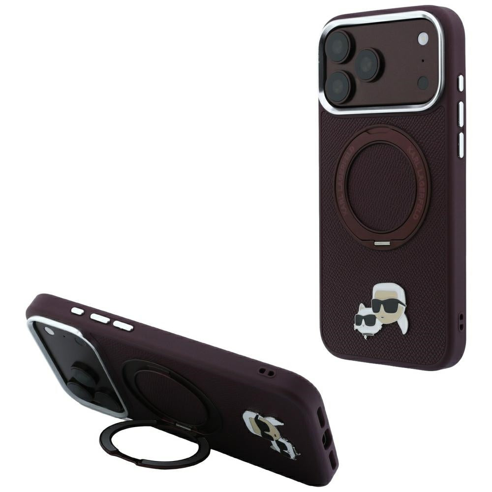 Capa MagSafe para Apple iPhone 18 Pro Max / 17 Pro Max, Karl Lagerfeld, Ring Stand 360 Karl & Choupette Pin, cor de vinho