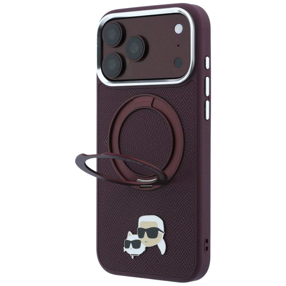 Capa MagSafe para Apple iPhone 18 Pro Max / 17 Pro Max, Karl Lagerfeld, Ring Stand 360 Karl & Choupette Pin, cor de vinho