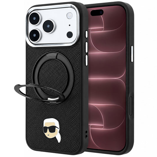 Capa MagSafe para Apple iPhone 18 Pro Max / 17 Pro Max, Karl Lagerfeld, Ring Stand 360 Karl Pin, Preta
