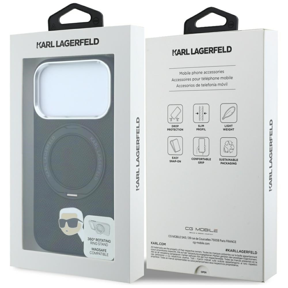 Capa MagSafe para Apple iPhone 18 Pro Max / 17 Pro Max, Karl Lagerfeld, Ring Stand 360 Karl Pin, Preta