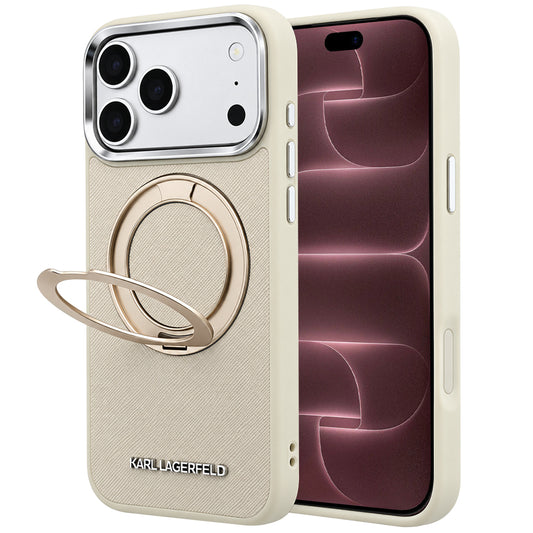 Capa MagSafe para Apple iPhone 18 Pro Max / 17 Pro Max, Karl Lagerfeld, Ring Stand 360 Saffiano, Bege