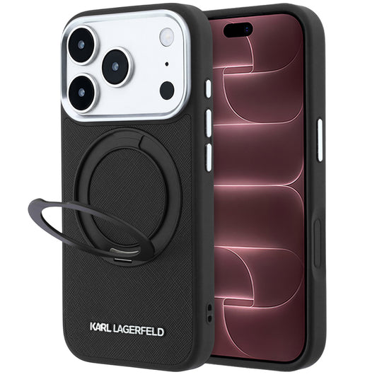 Capa MagSafe para Apple iPhone 18 Pro Max / 17 Pro Max, Karl Lagerfeld, Suporte Anel 360 Saffiano, Preta
