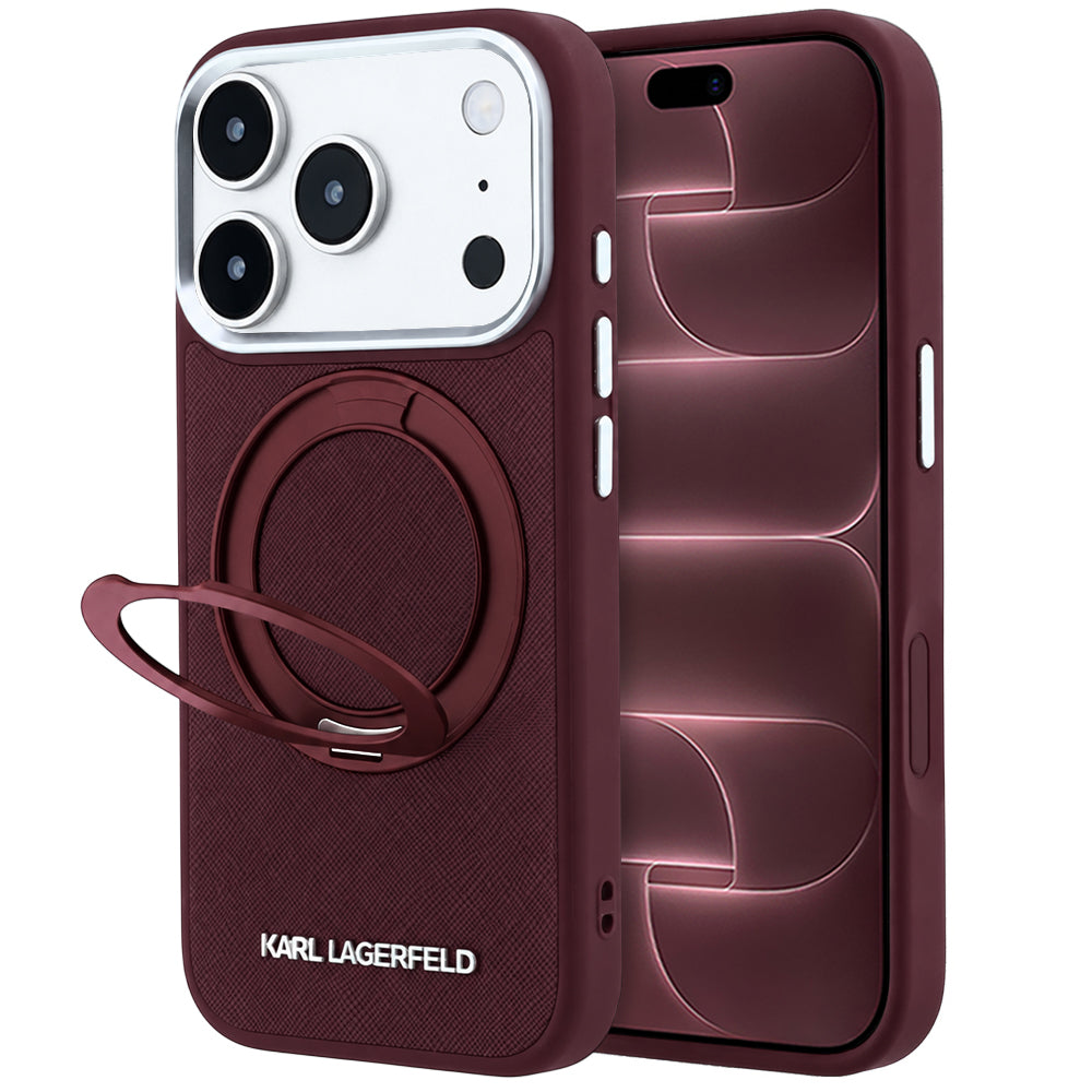 Capa MagSafe para Apple iPhone 18 Pro Max / 17 Pro Max, Karl Lagerfeld, Suporte Ring 360 Saffiano, Vinho