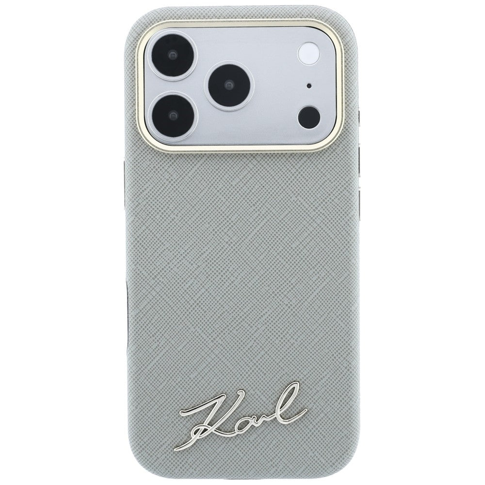 Capa MagSafe para Apple iPhone 18 Pro Max / 17 Pro Max, Karl Lagerfeld, Saffiano Small Script Metal Logo, Bege