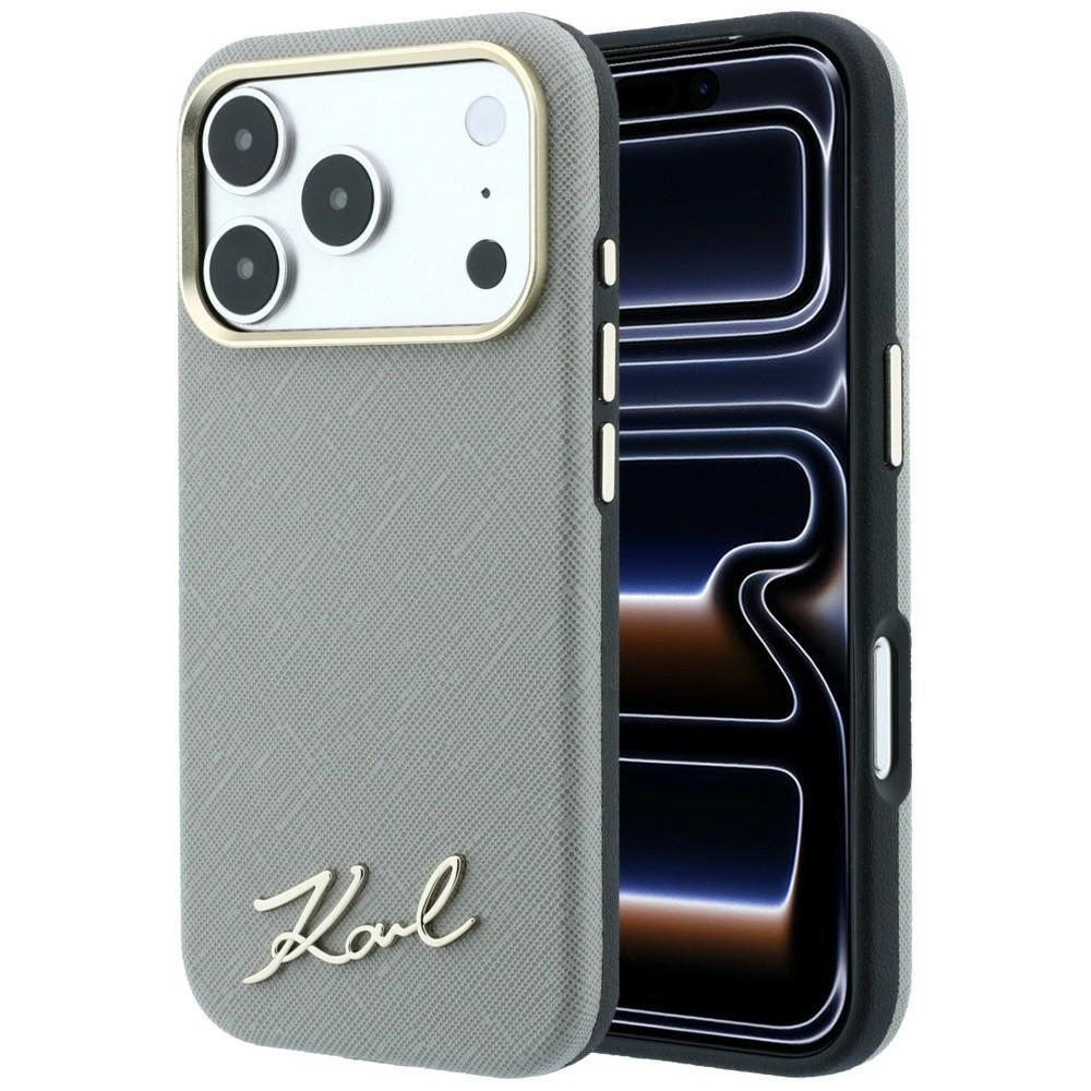 Capa MagSafe para Apple iPhone 18 Pro Max / 17 Pro Max, Karl Lagerfeld, Saffiano Small Script Metal Logo, Bege