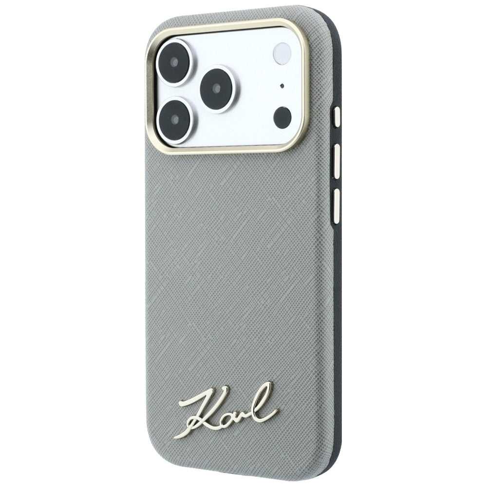 Capa MagSafe para Apple iPhone 18 Pro Max / 17 Pro Max, Karl Lagerfeld, Saffiano Small Script Metal Logo, Bege