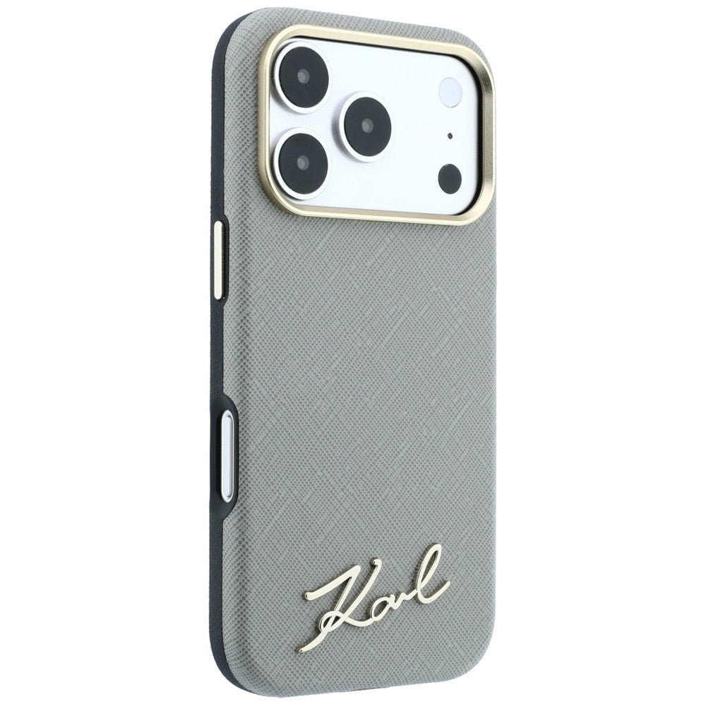 Capa MagSafe para Apple iPhone 18 Pro Max / 17 Pro Max, Karl Lagerfeld, Saffiano Small Script Metal Logo, Bege