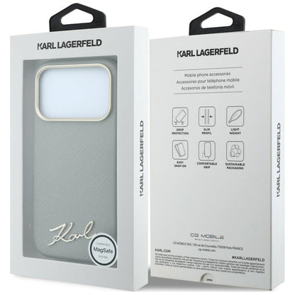 Capa MagSafe para Apple iPhone 18 Pro Max / 17 Pro Max, Karl Lagerfeld, Saffiano Small Script Metal Logo, Bege