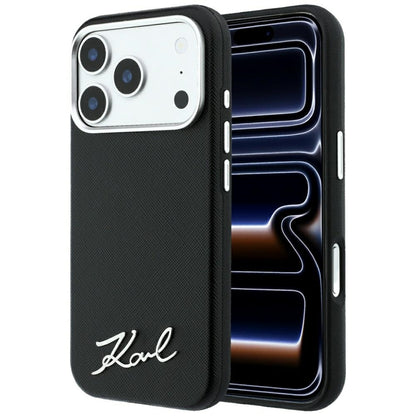 Capa MagSafe para Apple iPhone 18 Pro Max / 17 Pro Max, Karl Lagerfeld, Saffiano Small Script Metal Logo, Preta