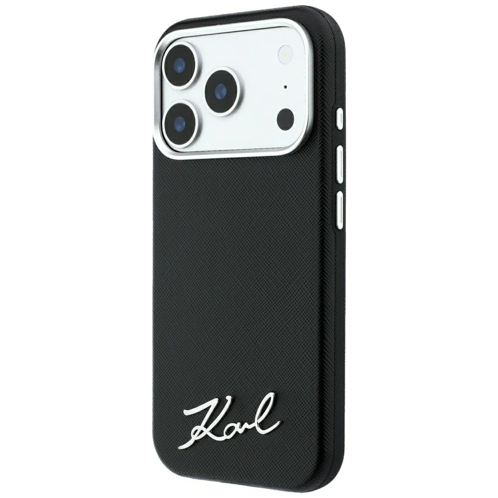Capa MagSafe para Apple iPhone 18 Pro Max / 17 Pro Max, Karl Lagerfeld, Saffiano Small Script Metal Logo, Preta