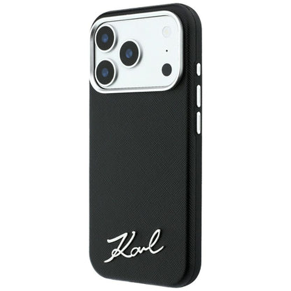 Capa MagSafe para Apple iPhone 18 Pro Max / 17 Pro Max, Karl Lagerfeld, Saffiano Small Script Metal Logo, Preta