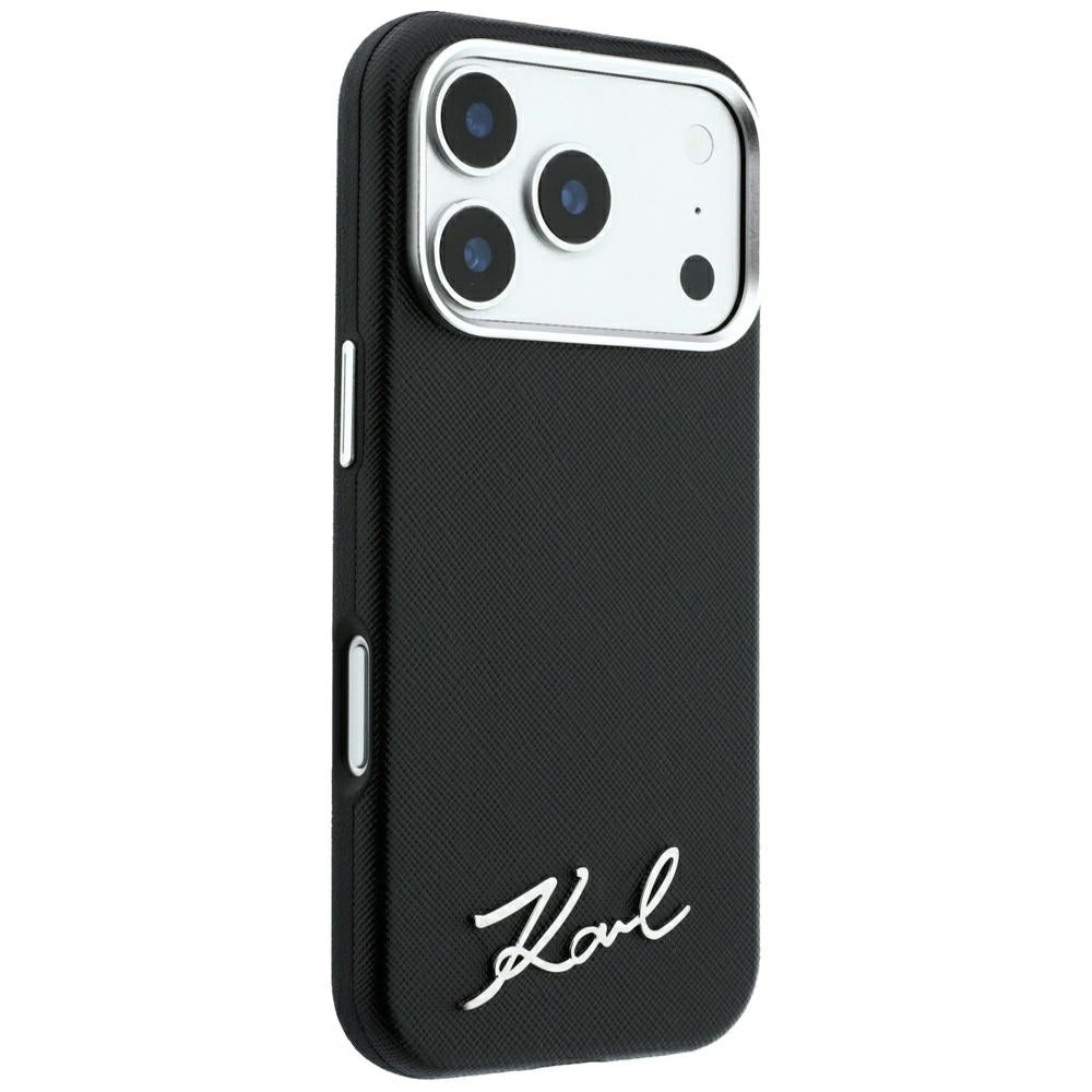 Capa MagSafe para Apple iPhone 18 Pro Max / 17 Pro Max, Karl Lagerfeld, Saffiano Small Script Metal Logo, Preta
