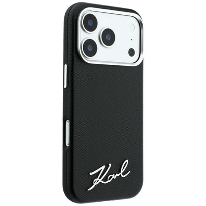 Capa MagSafe para Apple iPhone 18 Pro Max / 17 Pro Max, Karl Lagerfeld, Saffiano Small Script Metal Logo, Preta