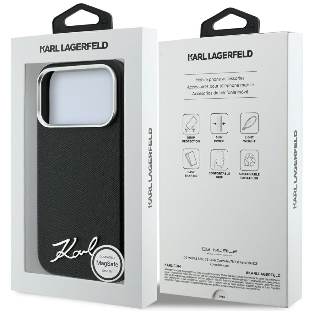 Capa MagSafe para Apple iPhone 18 Pro Max / 17 Pro Max, Karl Lagerfeld, Saffiano Small Script Metal Logo, Preta