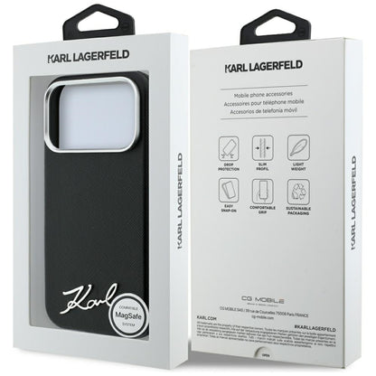 Capa MagSafe para Apple iPhone 18 Pro Max / 17 Pro Max, Karl Lagerfeld, Saffiano Small Script Metal Logo, Preta
