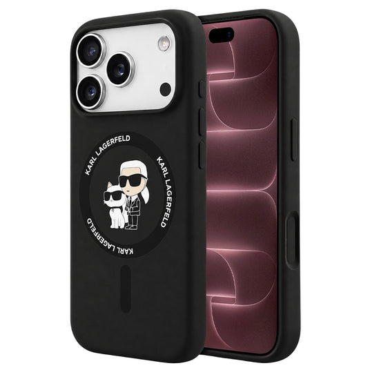 Capa MagSafe para Apple iPhone 18 Pro Max / 17 Pro Max, Karl Lagerfeld, Silicone Ring Karl & Choupette, Preta