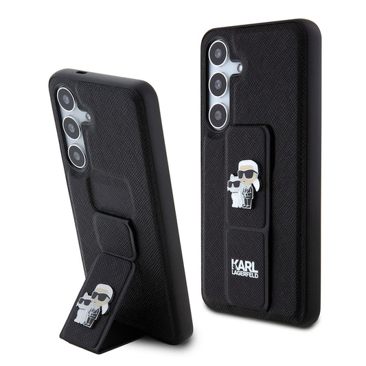 Capa MagSafe para Samsung Galaxy S24 S921, Karl Lagerfeld, Saffiano Gripstand Karl & Choupette, Preta.