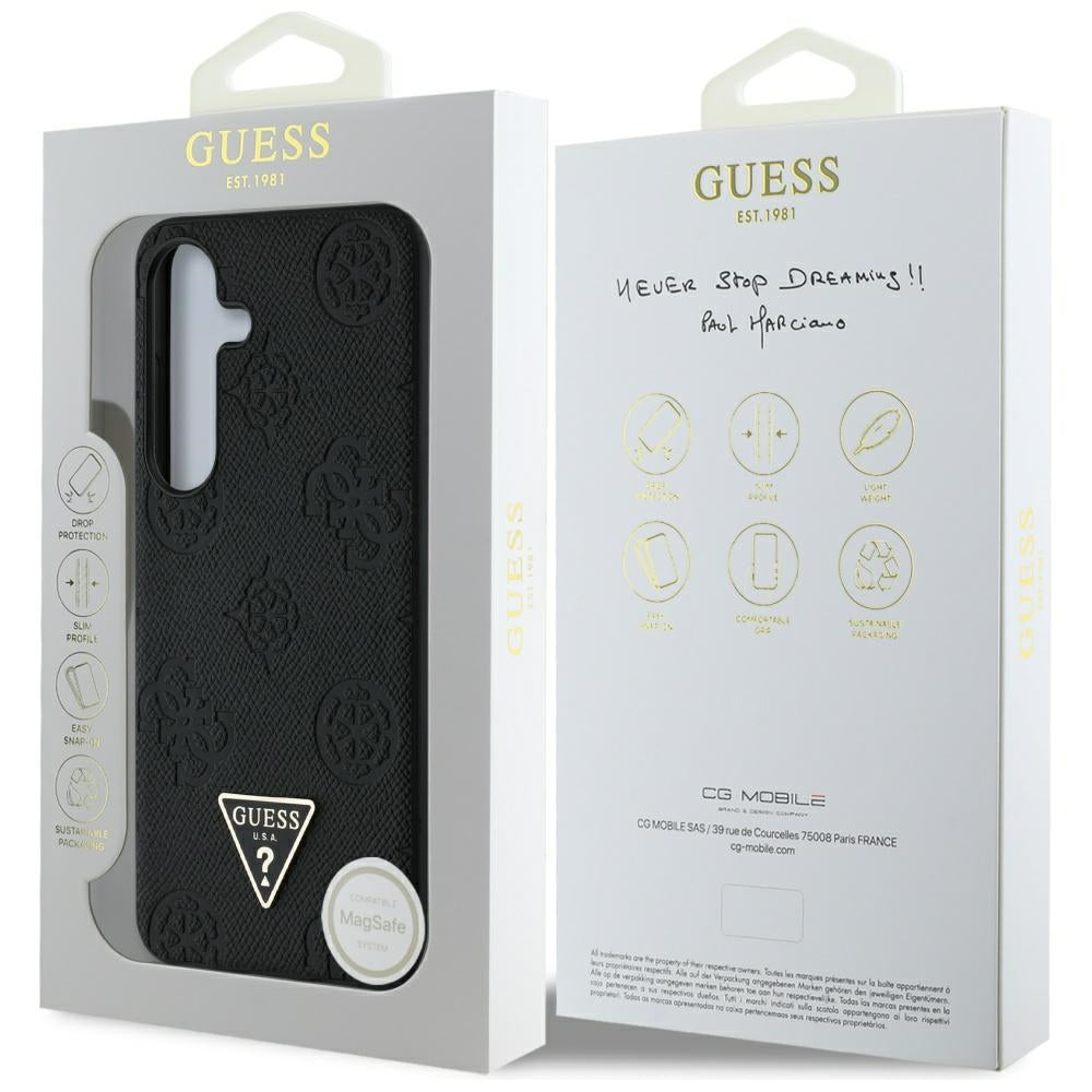 Capa MagSafe para Samsung Galaxy S25 S931, Guess, Peony Grained Hot Stamp Triangle, Preta