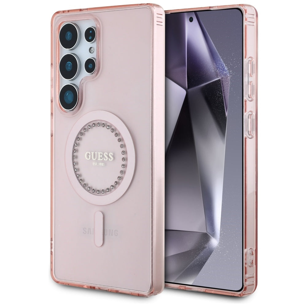 Capa MagSafe para Samsung Galaxy S25 Ultra S938, Guess, IML Rhinestone, Rosa