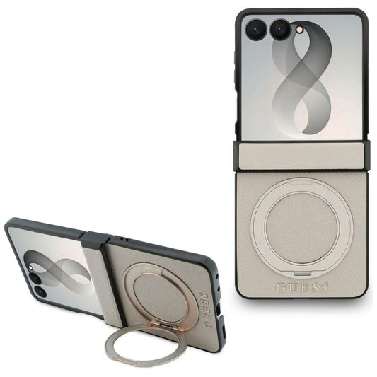 Capa MagSafe para Samsung Galaxy Z Flip8 F776, Guess, Suporte de Anel Logo Clássico Granulado, Bege