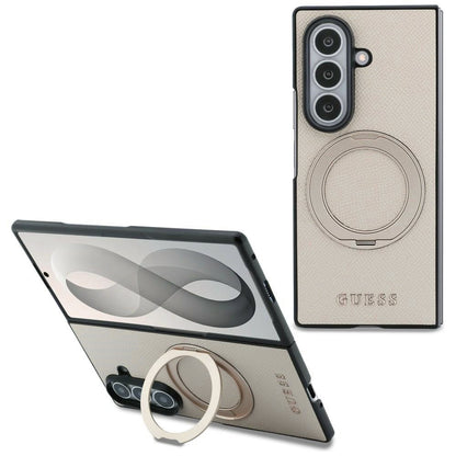Capa MagSafe para Samsung Galaxy Z Fold8 Ultra F976, Guess, Suporte de Anel Logo Clássico Granulado, Bege