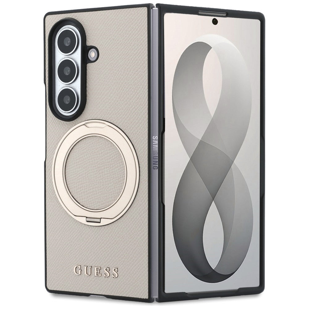 Capa MagSafe para Samsung Galaxy Z Fold8 Ultra F976, Guess, Suporte de Anel Logo Clássico Granulado, Bege