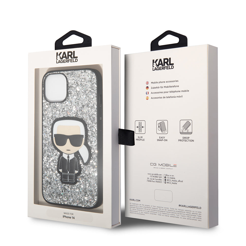 Capa para Apple iPhone 14, Karl Lagerfeld, Glitter Flakes Ikonik Karl, Prateada.