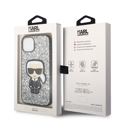 Capa para Apple iPhone 14, Karl Lagerfeld, Glitter Flakes Ikonik Karl, Prateada.